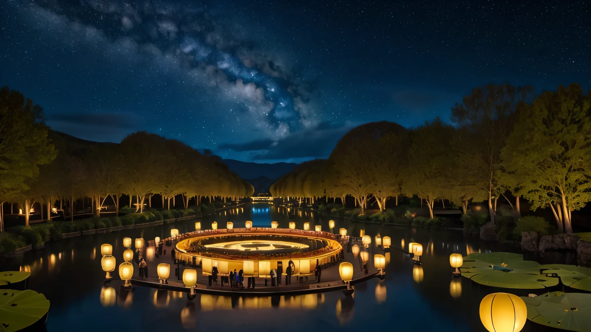 A lot of people, In the open space in front of a magnificent ancient building，There is a large Round lotus pond，Round lotus pond,A lot of people，Surrounding the Lotus Pond，The sky is a deep blue, star-studded night sky，Lanterns of various colors are hung in the square，Under the starry sky, they appear grand and mysterious，The atmosphere is majestic，high quality，masterpiece，Lots of details，8k，Amazing theatrical work, movie environment, masterpiece, best quality, Award-winning works, Personalize your style, Fine details, Realistic shadows, HDR, ultra HD