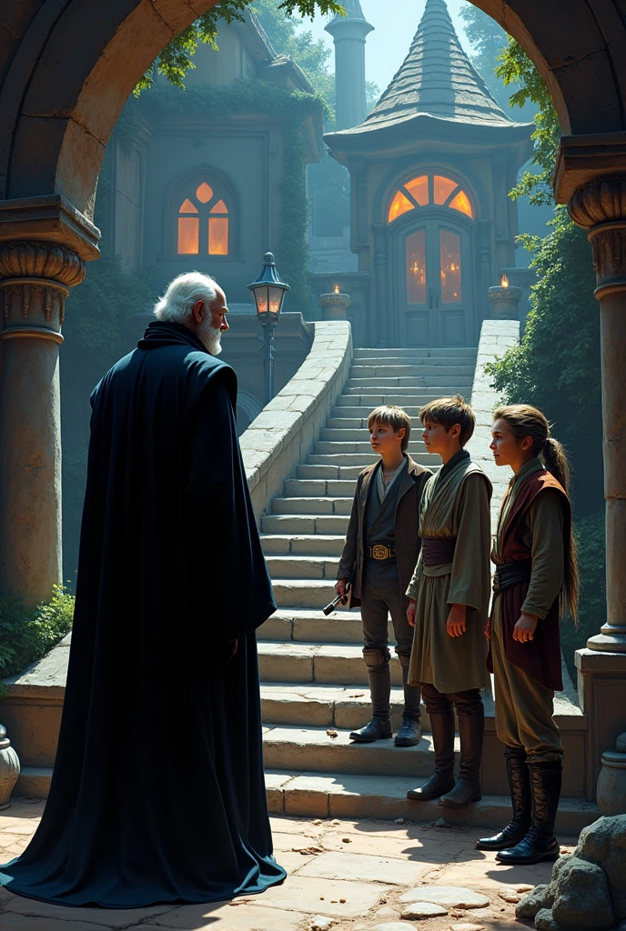 Count Dooku talking to Anakin, Obi-Wan and Ahsoka, without lightsabers, sitting, There are 4 of them and they are entering the stairs to Luna Lovegood&#39;s house from Harry Potter



