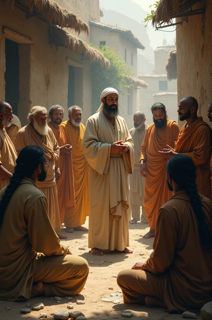 The Lesson LearnedThe saint speaking to the villagers, who now look thoughtful and inspired. In the background, the previously rusty utensils are being cleaned, symbolizing the renewal and purification of their hearts.