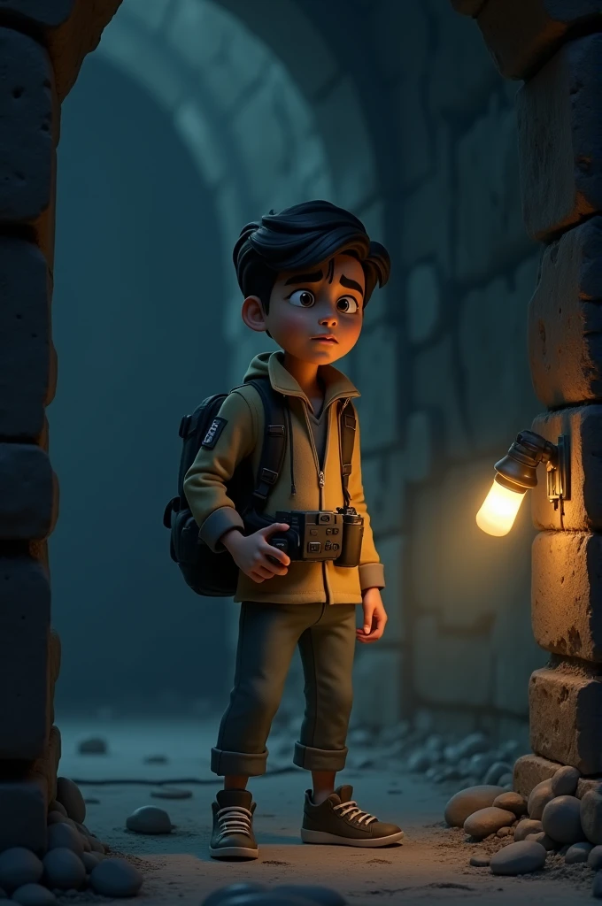 InCinematic 3D cartoon style "अजय: एक युवक जो अपनी बैटरी लाइट और कैमरा के साथ किले के अंधेरे कमरे में खड़ा है। उसके चेहरे पर डर की छाप है।"