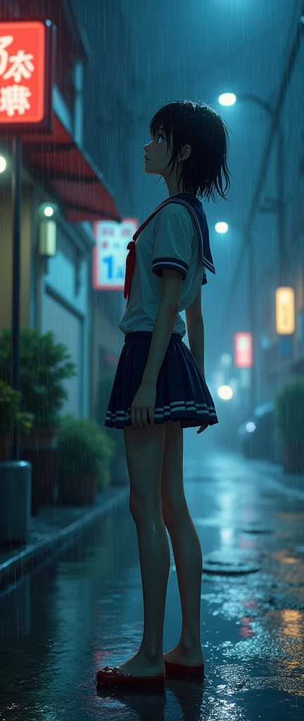 (32K:1.9, Highest quality, masterpiece, Ultra-high resolution), Perfect dynamic composition:1.2, Night Street Corner, Looking up at the sky:1.3, ((Typhoon heavy rain)), Highly detailed skin and facial textures:1.2, A slim high school girl wet with rain:1.3, Sexy beauty, Perfect Style:1.2, beautifully、aesthetic, Fair skin, Very beautiful face, (Rain dripping down on my body:1.2, Wet Hair:1.4, Wet sailor suit:1.2), Water droplets on the skin, (Mid-chest, Chest gap), (Embarrassed smile, Her facial expression when she felt intense caressing, Facial expressions when feeling happy), (Beautiful Blue Eyes, Beautiful erotic eyes:0.8), (Too erotic:0.9, Fascinating:0.9), Cowboy Shot, Student Bag, Perfect limbs, Perfect Fingers