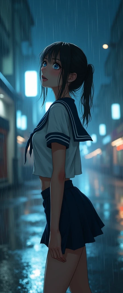 (32K:1.9, Highest quality, masterpiece, Ultra-high resolution), Perfect dynamic composition:1.2, Night Street Corner, Looking up at the sky:1.3, ((Typhoon heavy rain)), Highly detailed skin and facial textures:1.2, A slim high school girl wet with rain:1.3, Sexy beauty, Perfect Style:1.2, beautifully、aesthetic, Fair skin, Very beautiful face, (Rain dripping down on my body:1.2, Wet Hair:1.4, Wet sailor suit:1.2), Water droplets on the skin, (Mid-chest, Chest gap), (Embarrassed smile, Her facial expression when she felt intense caressing, Facial expressions when feeling happy), (Beautiful Blue Eyes, Beautiful erotic eyes:0.8), (Too erotic:0.9, Fascinating:0.9), Cowboy Shot, Student Bag, Perfect limbs, Perfect Fingers