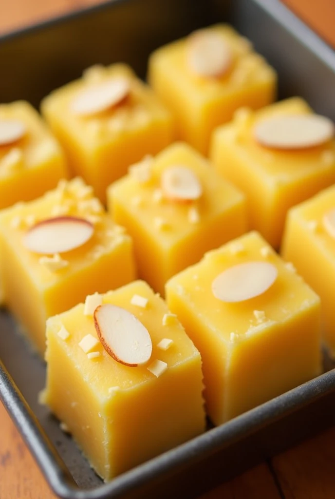 Badam khoya burfi with badam sliced on it in square shape but less height all pieces adjacent and joined to each other zoomed out image in a tray in a shop. Same length and width from top and bottom like a cube but height is half the length. Make the height of the product dimensions minimal. It should be light yellow color and minimal height(1/3 of the product)