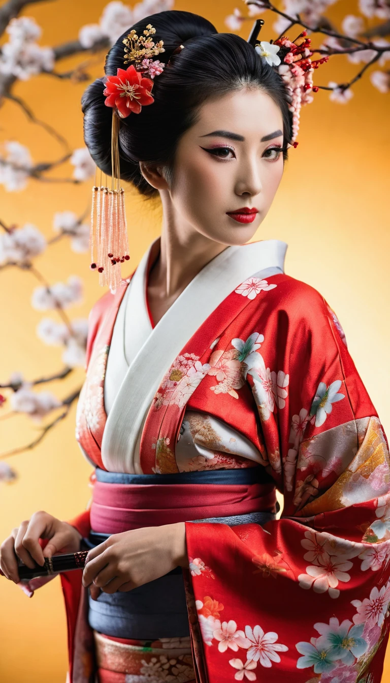 8k, RAW photo, best quality, masterpiece, realistic, photo-realistic, clear, professional lighting, beautiful face, best quality, ultra high res, An Arabian woman wearing a kimono adorned with flowers in her hair., elegant Japanese women, Japanese Kimono, Beautiful Geisha, Japanese Geisha, Japanese women, Japanese style, Glamorous and sexy geisha, 美しいPortrait of a Geisha, Japanese Goddess, Photographic portrait of a geisha, Japanese Model, Red kimono, Portrait of a Geisha