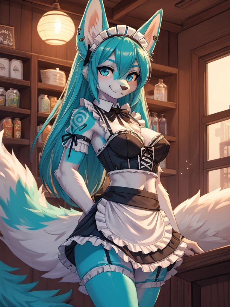 Miku Hatsune, add high definition_detail:1, blue fur,kitsune ears, tribal tattoo add_detail:1, posing during a full moon showing off her beautiful figure and her outfit. (Maid lingerie, maid mini skirt)sweaty body add_details:1, smiling add_detailsl:1, ear piercing add_detail:1, in a coffeshop