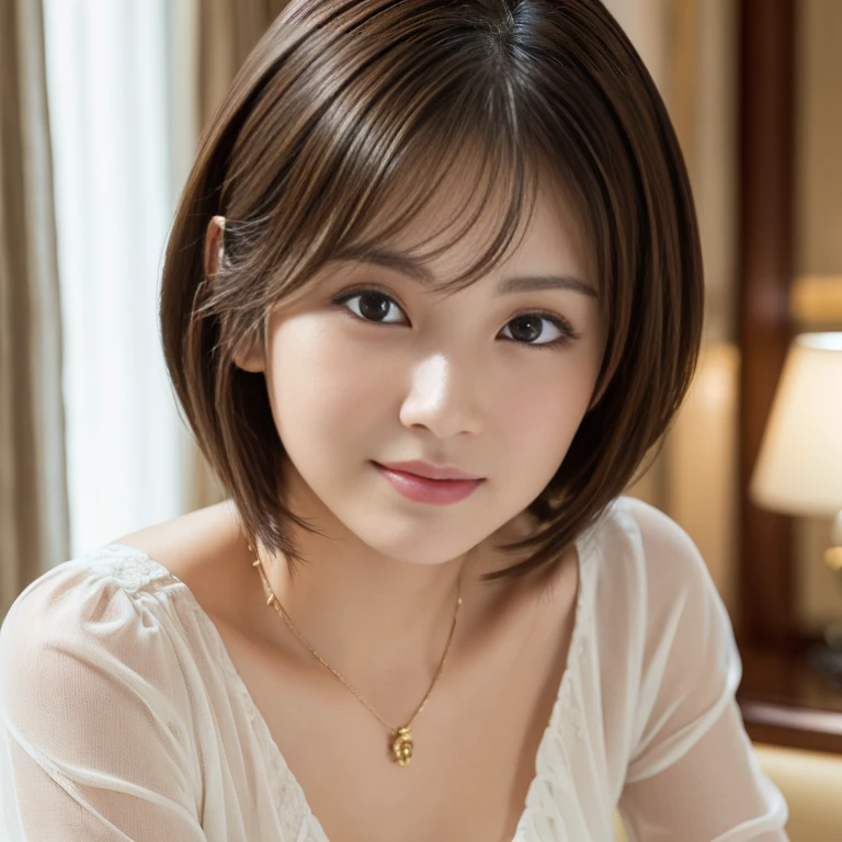 (RAW Photos), (Realistic), (masterpiece), (Highest quality), High resolution, 8k resolution, (Intricate details), (Volumetric Light), Portraiture, woman,, short hair, Straight hair, Layered Hair, Brown haired, Highly detailed eyes, Source Sequence, Very thin eyebrows, Highly detailed skin, Highly detailed mouth, Highly detailed nose, Cute like an idol, smile, ((Thick lips)), ((Look at the viewers)), (Elegant color blouse)、cleavage:1.5、(In a luxury hotel:1.5)、At a luxury villa overseas、super detail face、