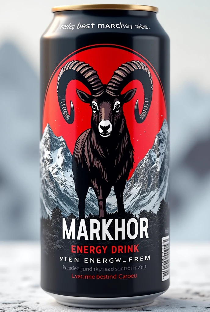 Create me an energy drink can design with brand name markhor add little bit mountains and markhor logo and use red and black colour