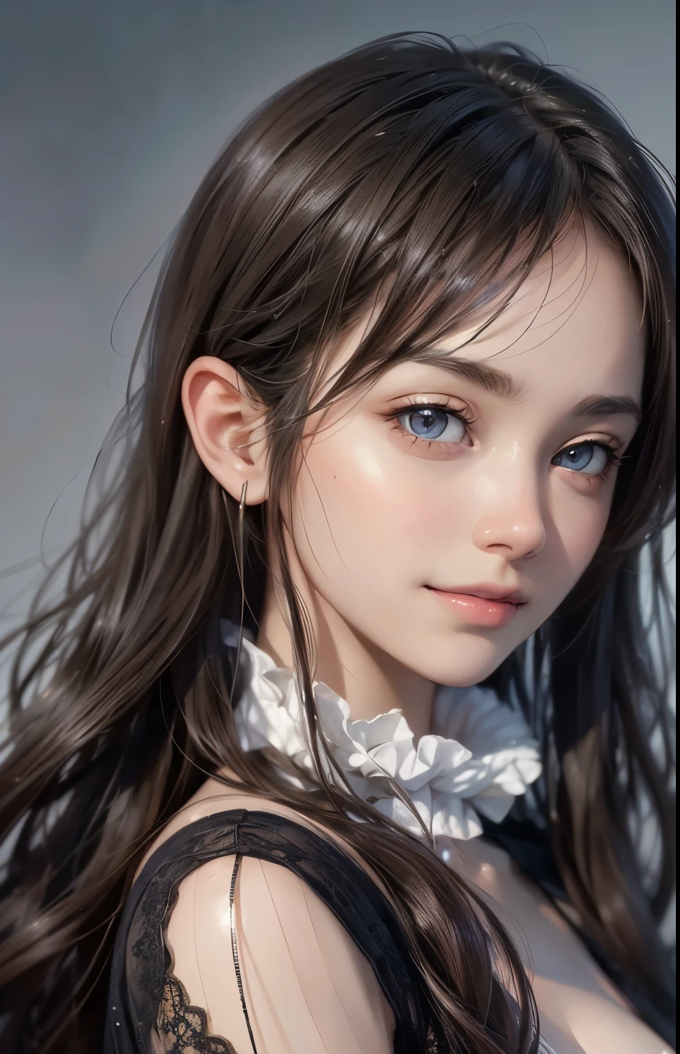 (extremely realistic), (illustration), (improved resolution), (8k), (very detailed), (Best illustration), (beautiful and delicate eyes), (best quality), (very detailed), (masterpiece ), ( wallpaper), (detailed face), alone, 1 girl, looking at viewer, fine details, detailed face, in the dark, deep shadows, low key, pure face_v1, smiling, long hair, black shawl straight hair , 46 point diagonal bangs