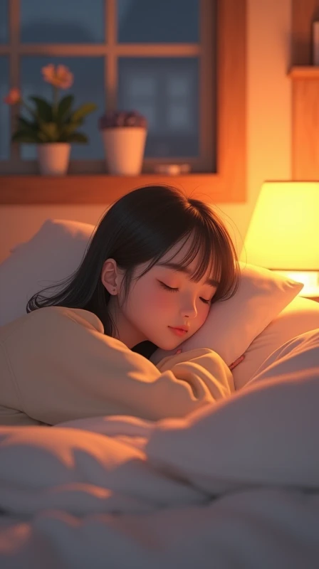 Woman sleeping in bed、20th Generation、Cute sleeping pose、The room is cute.、It's night outside、Hair is semi-long、The futon is white、Orange indirect lighting、CG animation style