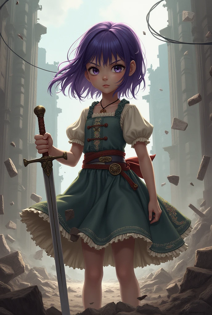 Young girl with purple hair and bangs on her forehead, wearing an old-fashioned dress and holding a sword. Behind her, a world is being destroyed.