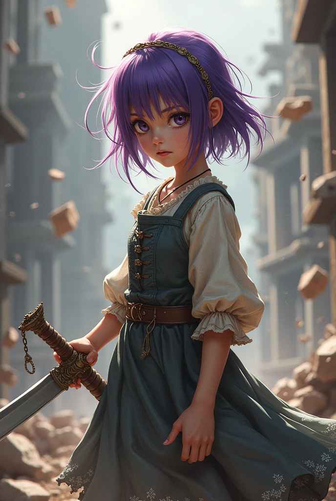 Young girl with purple hair and bangs on her forehead, wearing an old-fashioned dress and holding a sword. Behind her, a world is being destroyed.