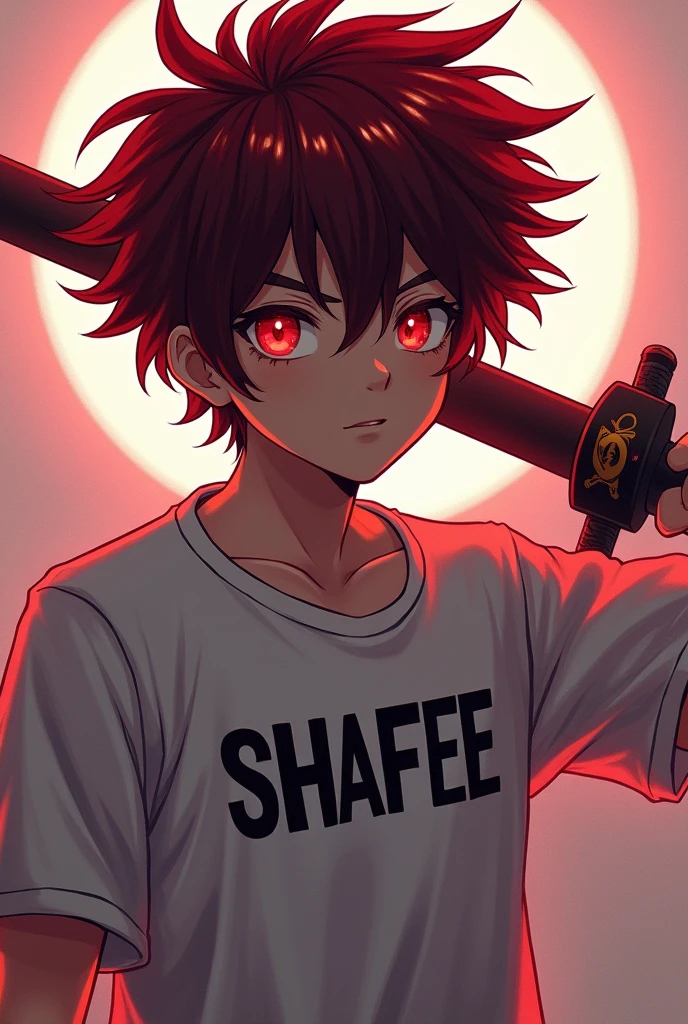 Anime boy dark red mixing hair, katana pose, wearing a t-shirt "SHAFEE" written in the tshirt myth, age 17 , shining red eyes