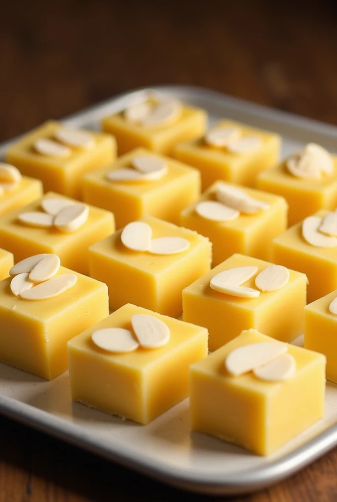 Badam khoya burfi with badam sliced on it in square shape but less height all pieces adjacent and joined to each other zoomed out image in a tray in a shop. Same length and width from top and bottom like a cube but height is half the length. Make the height of the product dimensions minimal. It should be light yellow color and minimal height(1/3 of the product). It should be in big tray