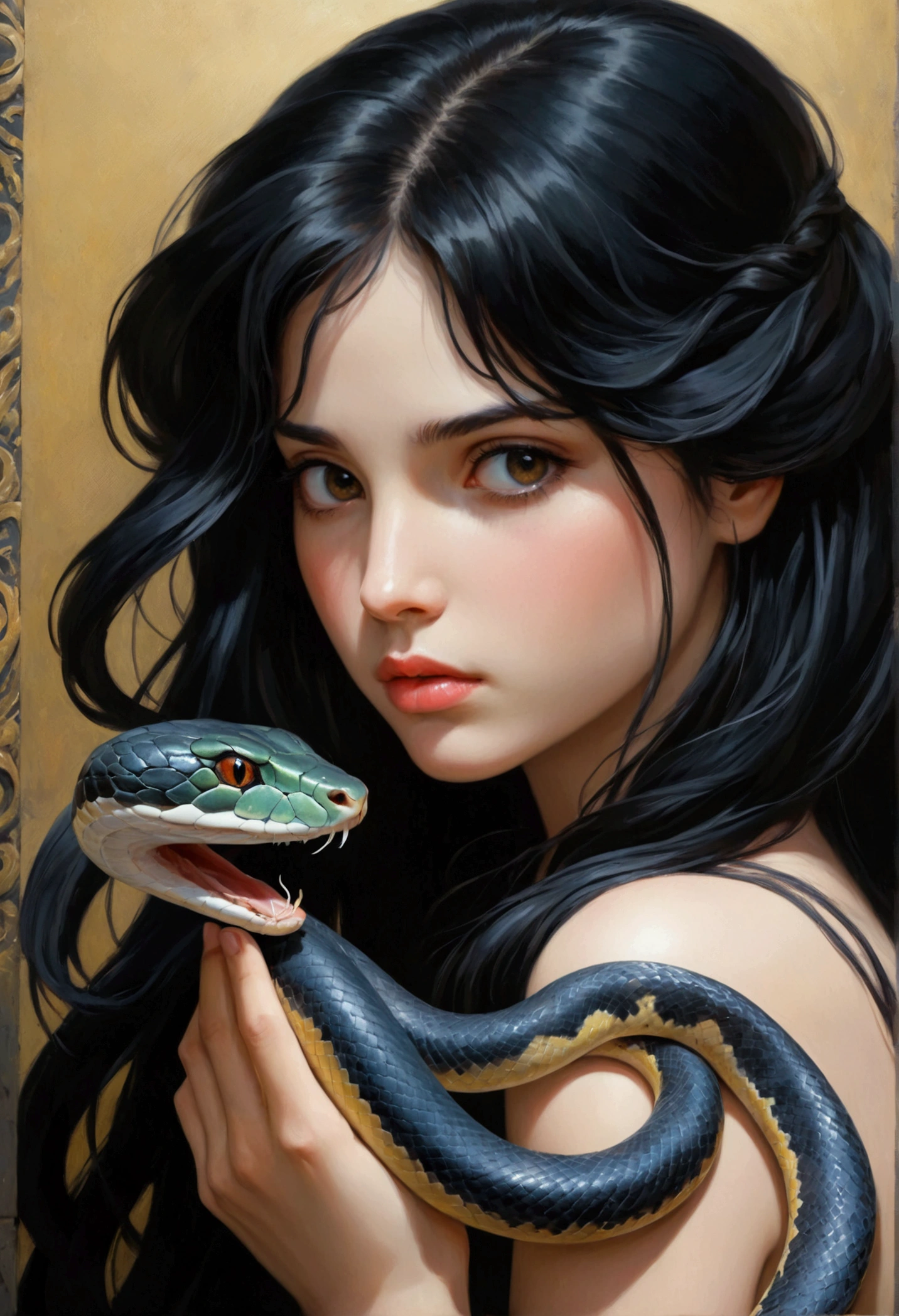 A girl,with long black hair,reflecting a lack of emotions on his face,caressing a snake in his left hand 