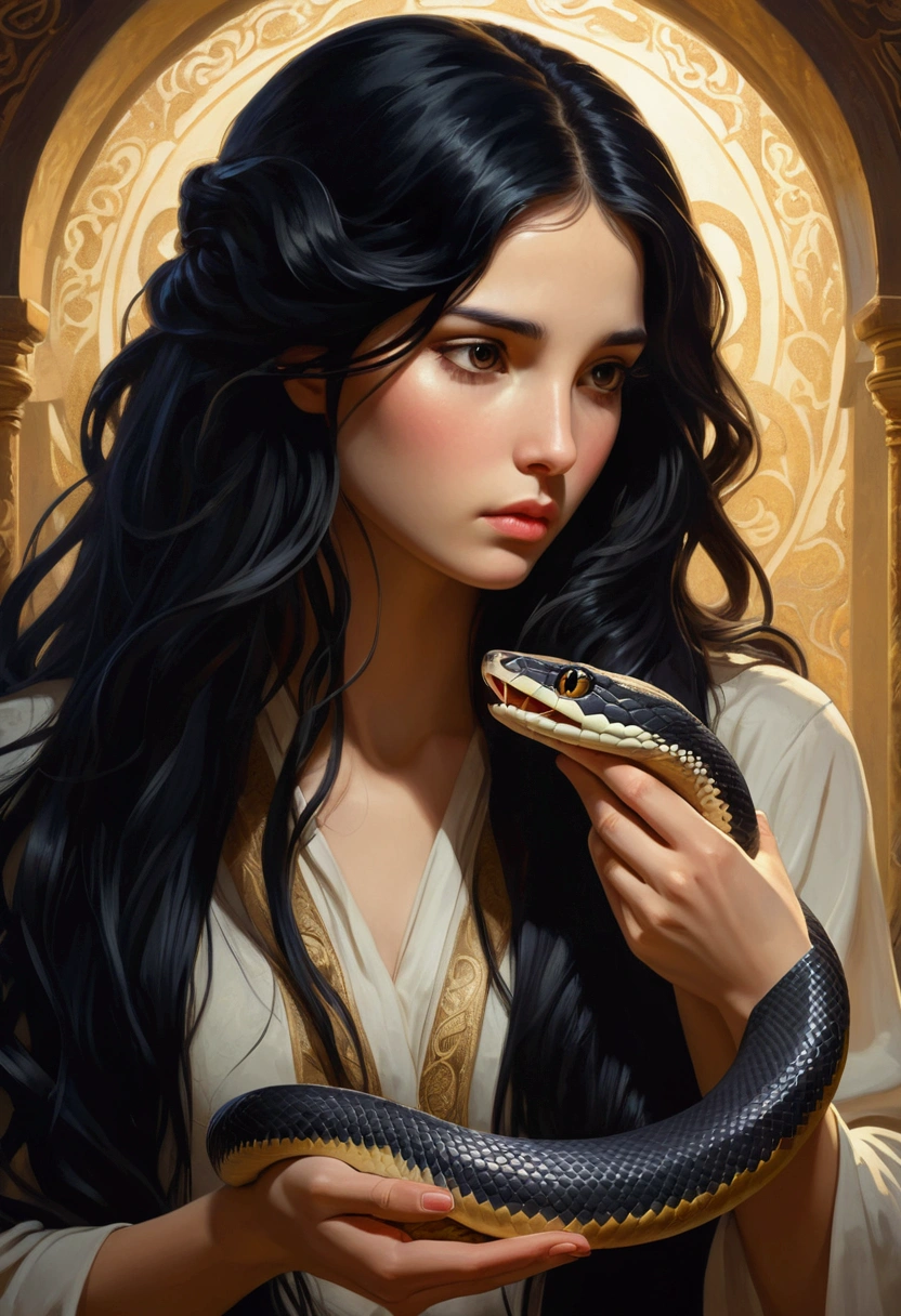 A girl,with long black hair,reflecting a lack of emotions on his face,caressing a snake in his left hand 