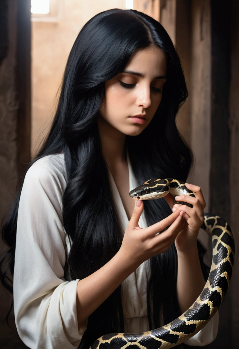 A girl,with long black hair,reflecting a lack of emotions on his face,caressing a snake in his left hand