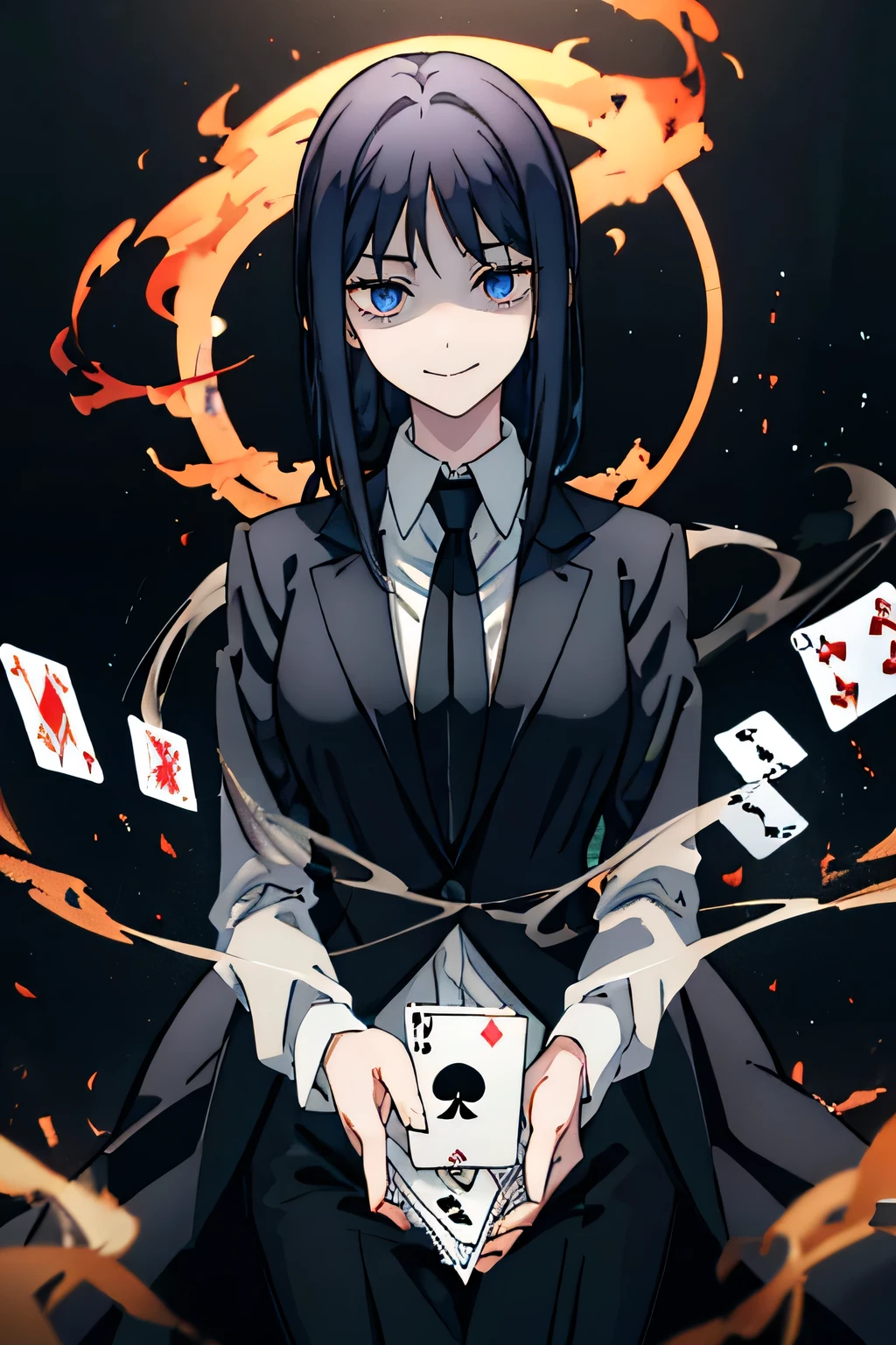 Long straight black hair,blue eyes,Sharp eyes,Smiling,Wearing black formal suit、white lining、black trousers,Female magician wearing black top hat,She is holding a stack of playing cards,On a stage surrounded by flames and smoke,Bowing to applause