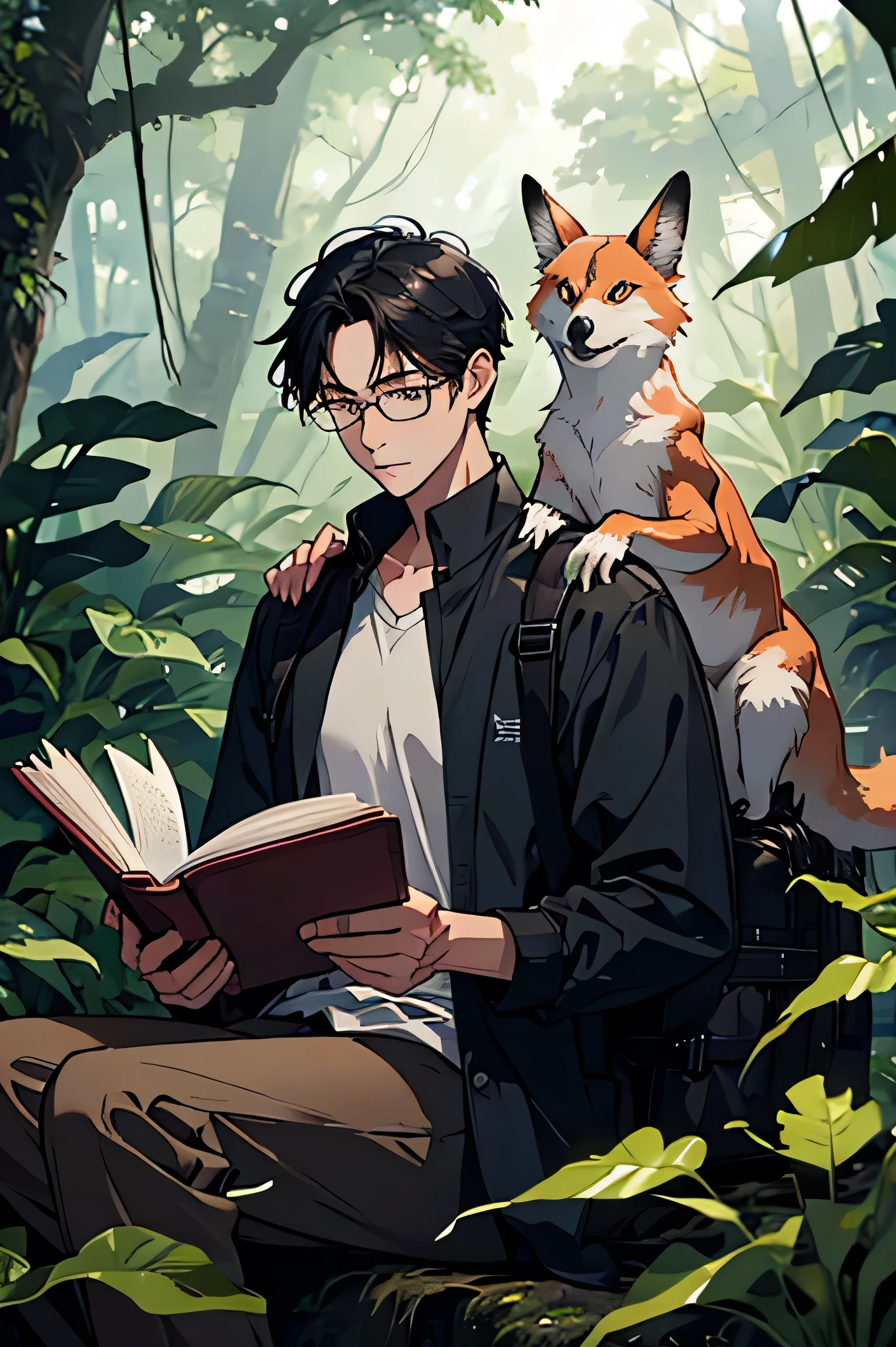 Central Character: A young looking biologist, wearing a casual long sleeve shirt without a coat. He has black hair, wear glasses, and carries a dark backpack at his side. He is sitting in a clearing in the forest, reading a book with a DNA symbol on the open page.

Scenario: The clearing is illuminated by the soft sunlight, with trees around. A small stream runs alongside. The vegetation is dense, but the area around the biologist is open, allowing light to pass through.

Interaction with Animals: An owl is perched on his shoulder, an iguana next to the backpack, and a maned wolf watching closely. Animals don&#39;t need to be hyper-realistic, but they must be visible and interact naturally with the environment and the character.

styled: Keep the drawing style simple, no excess details. The focus is on the symbolic representation of a biologist in the field, studying nature.


