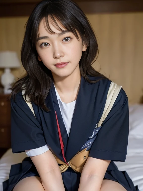 (Masterpiece, Best quality:1.4), (Ultra realistic, Photo-realistic:1.2), Natural light, 25 years old actress, Japanese women, Neat and clean, (Sailor suit, short sleeve suit:1.2), (Dark navy skirt:1.3), (Dark navy ribbon:1.2), (Short wavy hair:1.1), Ponytail, Light brown hair color, (Beautiful Face), Oval face, clear, (Beautiful eyes, Kind eyes), (Clear skin), Small face, (Small mouth), (Beautiful mouth), Natural makeup, Approachable, Luxury hotel Suite room, On bed, Seductive smile, (Seductive pose:1.2), (Beautiful thighs:1.1), (Bedroom eyes), (nsfw:1.1), (lesbian couple:1.1), (petting together), obscene reality of girls, (crotch rub:1.1),