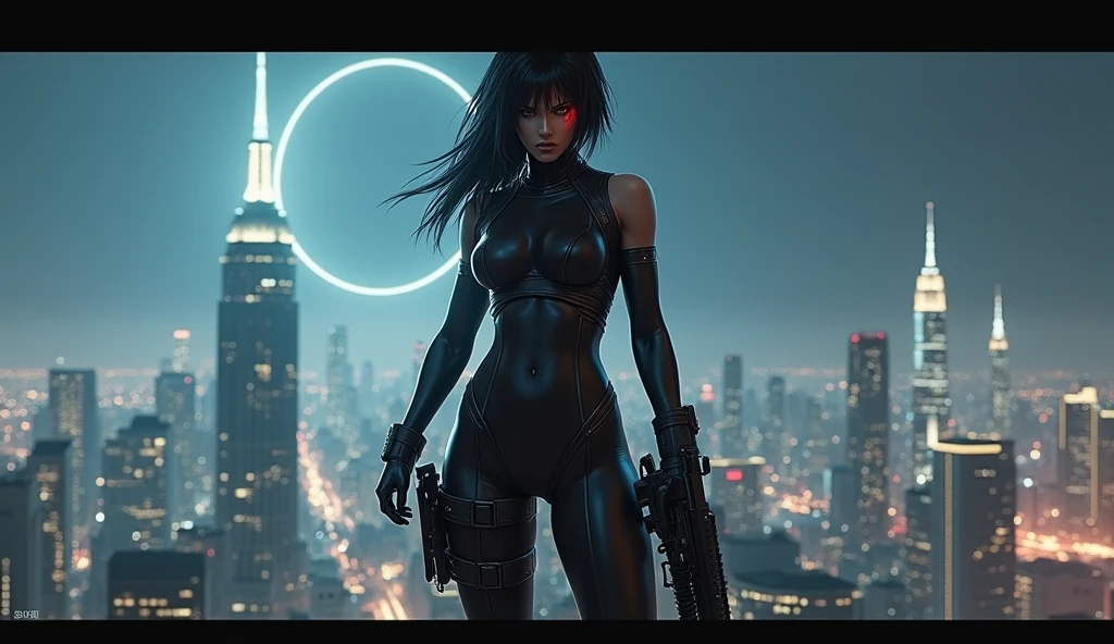 (masterpiece:1.2,best quality,Extremely detailed,Powerful backlight:1.3,contour:1.45),, , //Features, 1 solo female mercenary,Ghost in the Shell Kusanagi Motoko,Redness in one eye:1.2,Facial expression is ferocious,Overlooking the city.Black leather tights:1.2, Holding a huge anti-tank rifle (Winchester Williams .50),Standing posture,(Looking up:1.35), , //background, in Rooftop of a building at night background:1.2,,8K,Unreal Engine 5.Unite.Octane Renderer