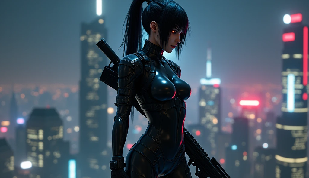 (masterpiece:1.2,best quality,Extremely detailed,Powerful backlight:1.3,contour:1.45),, , //Features, 1 solo female mercenary,Ghost in the Shell Kusanagi Motoko,Redness in one eye:1.2,Facial expression is ferocious,Overlooking the city.Black leather tights:1.2, Holding a huge anti-tank rifle (Winchester Williams .50),Standing posture,(Looking up:1.35), , //background, in Rooftop of a building at night background:1.2,,8K,Unreal Engine 5.Unite.Octane Renderer