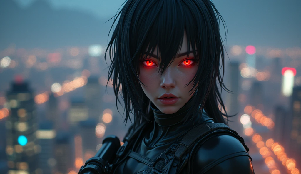(masterpiece:1.2,best quality,Extremely detailed,Powerful backlight:1.3,contour:1.45),, , //Features, 1 solo female mercenary,Ghost in the Shell Kusanagi Motoko,Redness in one eye:1.2,Facial expression is ferocious,Overlooking the city.Black leather tights:1.2, Holding a huge anti-tank rifle (Winchester Williams .50),Standing posture,(Looking up:1.35), , //background, in Rooftop of a building at night background:1.2,,8K,Unreal Engine 5.Unite.Octane Renderer