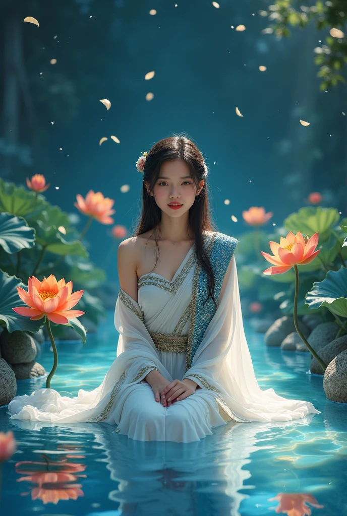 In the wind, in a small pool of water that is as clear as a mirror, of the night stars, blowing small white flower petals in the air. A full-body picture of a beautiful, sweet-faced young woman, 25 years old, wearing a white Thai dress with blue and gold sparkles, a white and gold sarong, a blue and gold sparkling shoulder cloth, long black hair, tied loosely, sitting in that pool of water. The scene is beautiful like a dream, a small orange lotus pond with a bright, shimmering light. Three-dimensional picture, oil painting, sharp picture.