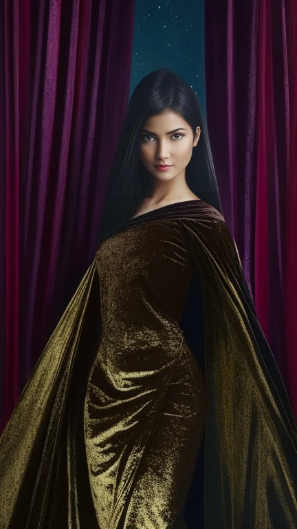 "In a surreal and enchanting realm, {{a woman}} is enveloped in a cocoon of velvet fabric that shimmers with iridescent sparkles. The velvet fabric wraps around her body in sinuous folds, creating a sense of intimacy and protection. Strange and whimsical creatures dance around her, their forms morphing and shifting in the surreal landscape. The art style should draw inspiration from the works of Max Ernst and Remedios Varo, with a focus on creating a sense of wonder and magic. The camera angle is a close-up shot, capturing the intricate details of the velvet fabric and the expressive features of the woman's face. The image should be rendered with soft, diffused lighting and a rich color palette, evoking the enchanting atmosphere of the surreal realm."