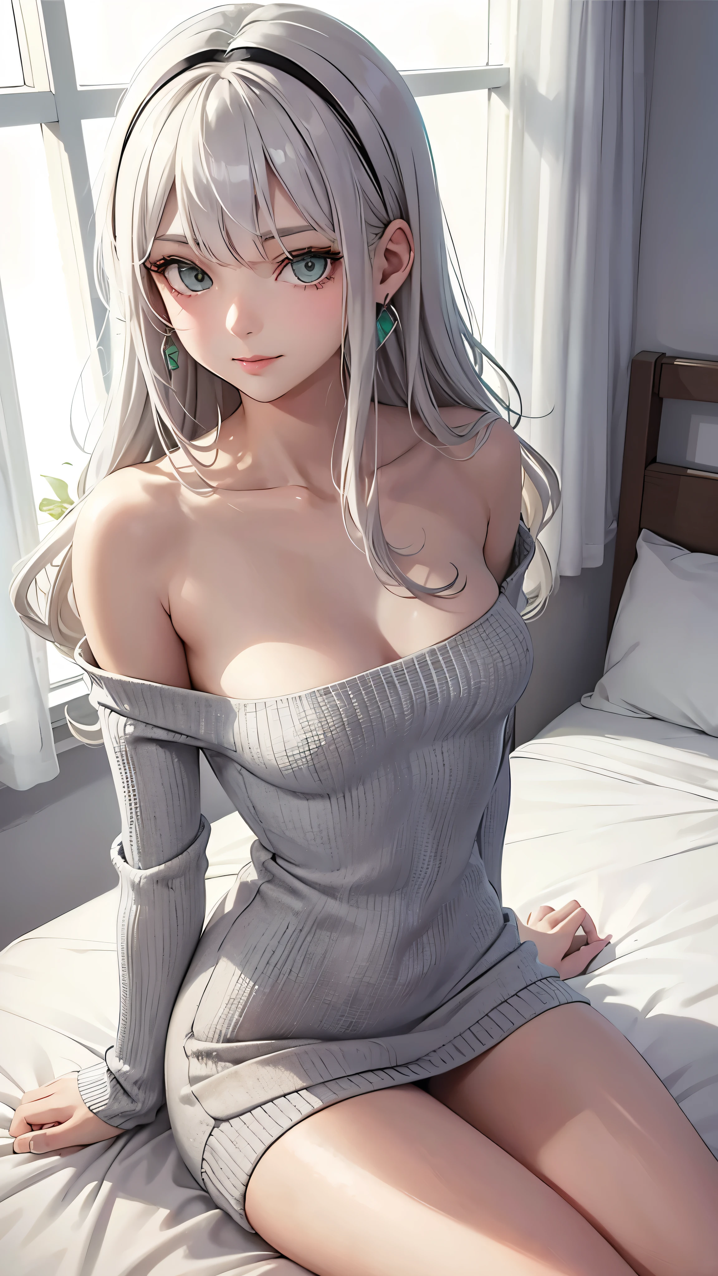 Character Details:, - Gender: 1 Girl.
- Style: Anime, - Body Type: Attractive body, nice body, nice legs, slim tights, nice arms, nice shoulders. - Breast: (medium Breast:1.2)- Facial Feature: Beautiful, Gorgeous, ager, Fresh, Young.
- Expression: Small smile, Confident Look, emerald green eyes. - Hairstyle: Blunt Bangs. - Hair Color: (White Grey Hair:1.5), (Straight and Wavy Long Hair:1.3),
- Clothing: (Girly Warm White Sweater, Open Sleeves, Can see shoulder:1.6, Girly Stocking.). - Body Pose: (Sitting on bed:1.3), (Hands down).. - Behaviour: Waiting, Want Something, Secretly.
- Accessories: Earrings, thin Black Headband, Green Hair Accessories, Environmental Details:, - Setting: Bed Room., - Lighting: Natural Light., - Decoration: Modern Bed, Chair, Window, White Curtain, City View. Top view. pov, anime style, UHD, retina, masterpiece, accurate, anatomically correct, textured skin.