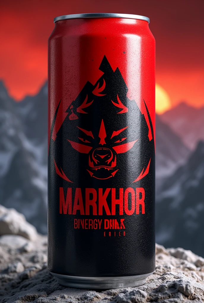 Create me an energy drink can design with brand name markhor add little bit mountains and markhor logo and use red and black colour