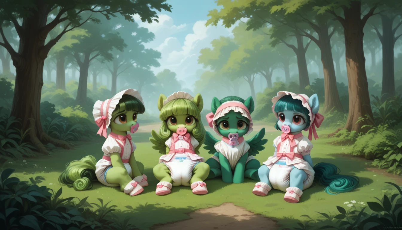 pony, Pegasus, adult filly, emerald green fur, a lush mane, gathered in a bonnet, a fluffy tail with a bow, sitting outside, dressed in a bodysuit and booties, pacifier in mouth, solo, thick diaper under clothes, bulge on the back of the diaper, between the hind hooves and on the front of the diaper, saggy diaper.