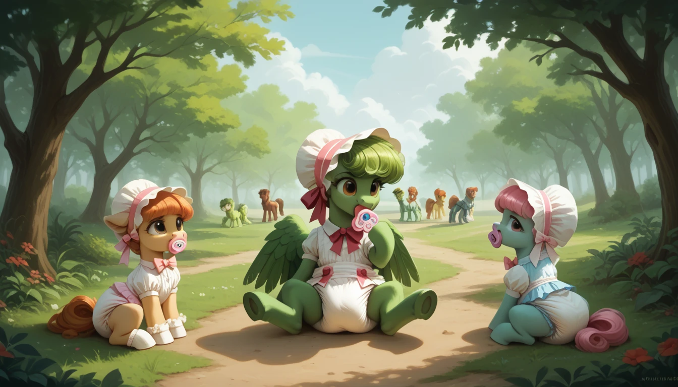 pony, Pegasus, adult filly, emerald green fur, a lush mane, gathered in a bonnet, a fluffy tail with a bow, sitting outside, dressed in a bodysuit and booties, pacifier in mouth, solo, thick diaper under clothes, bulge on the back of the diaper, between the hind hooves and on the front of the diaper, saggy diaper.