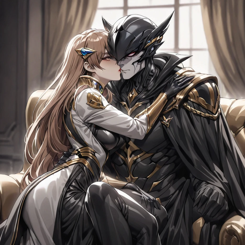 ((Highest quality)), ((masterpiece)), (detailed), （Perfect Face）、The woman is Princess Leona, with medium-long light brown hair, wearing a shiny, flashy, sexy, revealing black dress bodysuit, an open-front skirt, a cape, a headgear, lipstick and makeup, and is an evil female executive who is standing next to a man who is the dignified boss of an evil organization.、Women are brainwashed, expressionless, and have no highlights in their eyes.、The woman is being held close by the powerful boss of an evil organization.、A strong male boss of an evil organization is sitting on a luxurious sofa, embracing and kissing a woman and showing her affection.