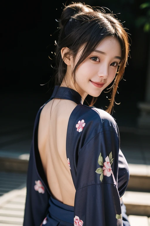 High detail, high quality, Retina, Textured skin, accurate, High resolution, Brown Hair, Shiny Hair, Bun Hair, chest, smiling, Aperture value F1.2, Cinematic light effects, Stereogram, 8k octane, Super detailed, realism, Soft Light, Ikaho Hot Springs,Stone steps,yukata,Turn around,Beautiful woman looking back,20-year-old,ピンクのyukata