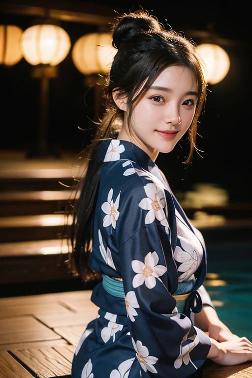High detail, high quality, Retina, Textured skin, accurate, High resolution, Brown Hair, Shiny Hair, Bun Hair, chest, smiling, Aperture value F1.2, Cinematic light effects, Stereogram, 8k octane, Super detailed, realism, Soft Light, Ikaho Hot Springs,Stone steps,yukata,Turn around,Beautiful woman looking back,20-year-old,ピンクのyukata