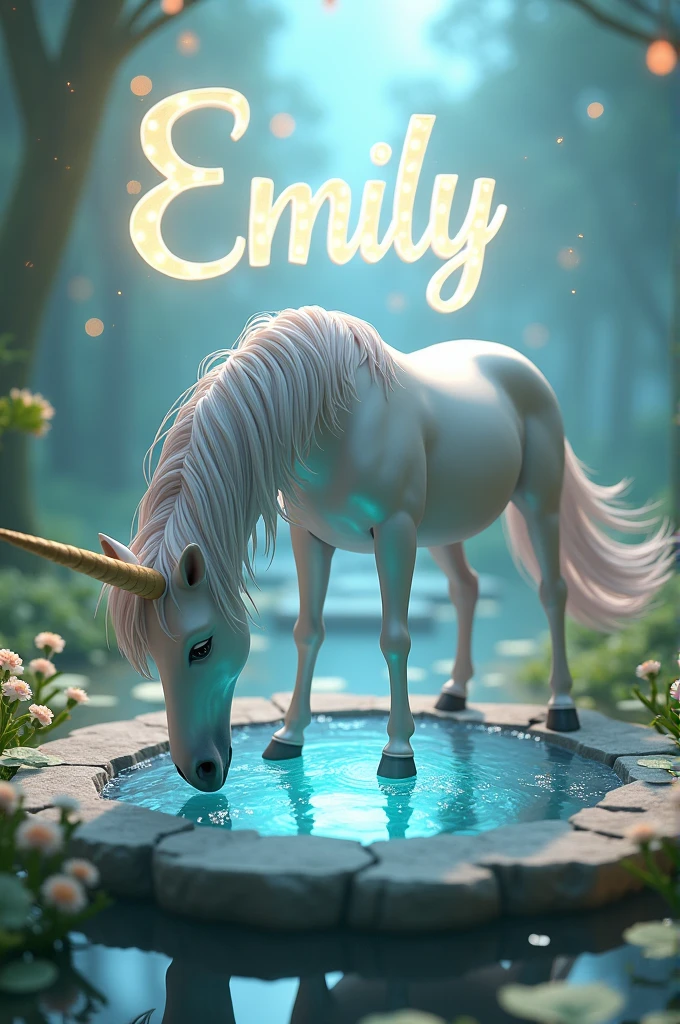 3D unicorn drinking with the word emily