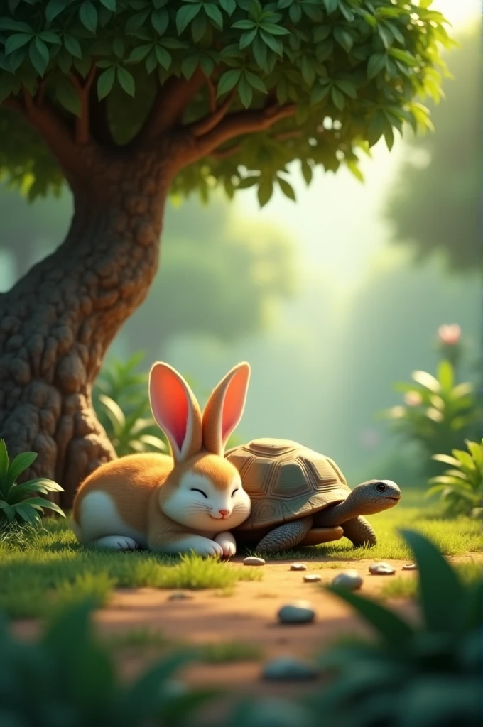 Create 3d animation images prompt of this story"4. **Image 4: The Rabbit Sleeping Under a Tree**
- The rabbit is shown fast asleep under a large, shady tree, with a content smile on its face. Nearby, the tortoise is slowly but steadily moving past the rabbit, heading towards the finish line. The background features a peaceful jungle scene, with sunlight filtering through the trees"