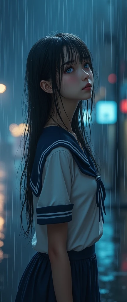 (32K:1.9, Highest quality, masterpiece, Ultra-high resolution), Perfect dynamic composition:1.2, Night Street Corner, Looking up at the sky:1.3, ((Typhoon heavy rain)), Highly detailed skin and facial textures:1.2, A slim high school girl wet with rain:1.3, Sexy beauty, Perfect Style:1.2, beautifully、aesthetic, Fair skin, Very beautiful face, (Rain dripping down on my body:1.2, Wet Hair:1.4, Wet sailor suit:1.2), Water droplets on the skin, (Mid-chest, Chest gap), (Embarrassed smile, Her facial expression when she felt intense caressing, Facial expressions when feeling happy), (Beautiful Blue Eyes, Beautiful erotic eyes:0.8), (Too erotic:0.9, Fascinating:0.9), Cowboy Shot, Student Bag, Perfect limbs, Perfect Fingers