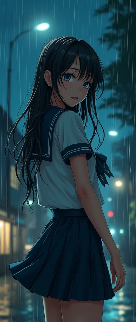 (32K:1.9, Highest quality, masterpiece, Ultra-high resolution), Perfect dynamic composition:1.2, Night Street Corner, Looking up at the sky:1.3, ((Typhoon heavy rain)), Highly detailed skin and facial textures:1.2, A slim high school girl wet with rain:1.3, Sexy beauty, Perfect Style:1.2, beautifully、aesthetic, Fair skin, Very beautiful face, (Rain dripping down on my body:1.2, Wet Hair:1.4, Wet sailor suit:1.2), Water droplets on the skin, (Mid-chest, Chest gap), (Embarrassed smile, Her facial expression when she felt intense caressing, Facial expressions when feeling happy), (Beautiful Blue Eyes, Beautiful erotic eyes:0.8), (Too erotic:0.9, Fascinating:0.9), Cowboy Shot, Student Bag, Perfect limbs, Perfect Fingers