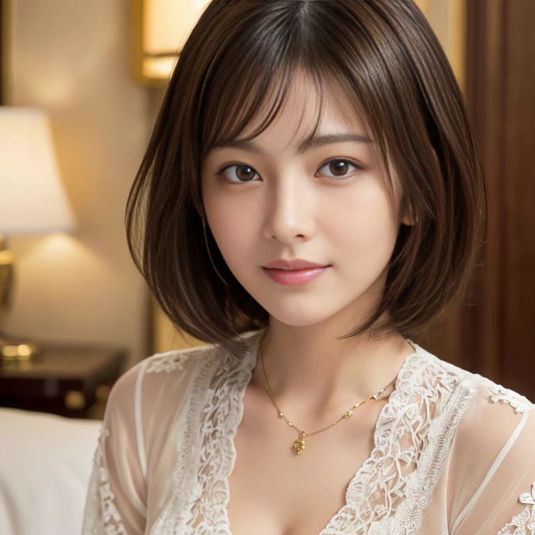 (RAW Photos), (Realistic), (masterpiece), (Highest quality), High resolution, 8k resolution, (Intricate details), (Volumetric Light), Portraiture, woman,, short hair, Straight hair, Layered Hair, Brown haired, Highly detailed eyes, Source Sequence, Very thin eyebrows, Highly detailed skin, Highly detailed mouth, Highly detailed nose, Cute like an idol, smile, ((Thick lips)), ((Look at the viewers)), (Elegant blouse)、cleavage:1.5、In a luxury hotel、At a luxury villa overseas、super detail face、