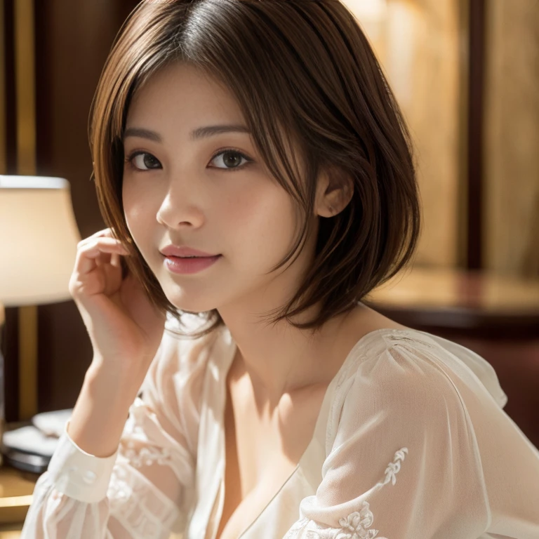 (RAW Photos), (Realistic), (masterpiece), (Highest quality), High resolution, 8k resolution, (Intricate details), (Volumetric Light), Portraiture, woman,, short hair, Straight hair, Layered Hair, Brown haired, Highly detailed eyes, Source Sequence, Very thin eyebrows, Highly detailed skin, Highly detailed mouth, Highly detailed nose, Cute like an idol, smile, ((Thick lips)), ((Look at the viewers)), (Elegant color blouse)、cleavage:1.5、(In a luxury hotel:1.5)、At a luxury villa overseas、super detail face、