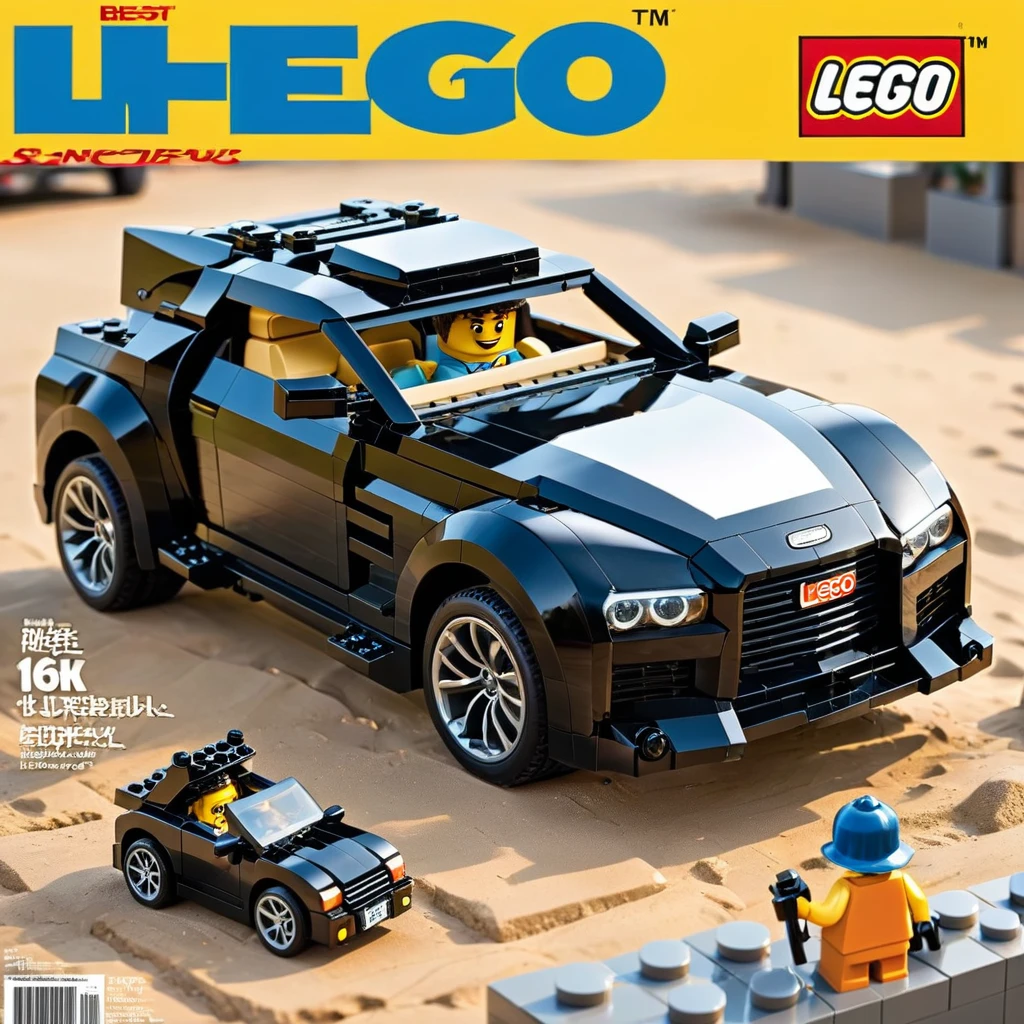 Magazine cover，best quality, very good, 16K, ridiculous, Very detailed, （（Black Future Car））Someone is taking pictures，Made of Lego,