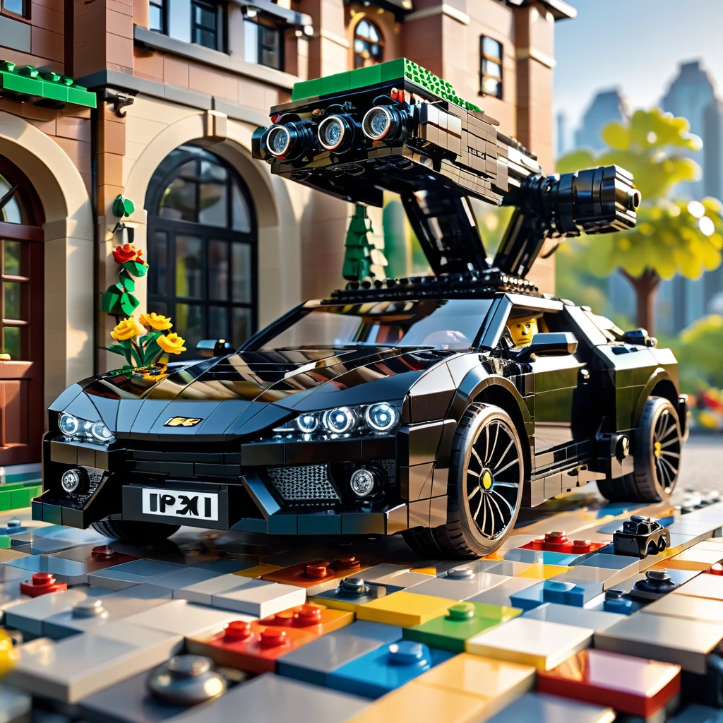 Magazine cover，best quality, very good, 16K, ridiculous, Very detailed, （（Black Future Car））Someone is taking pictures，Made of Lego,