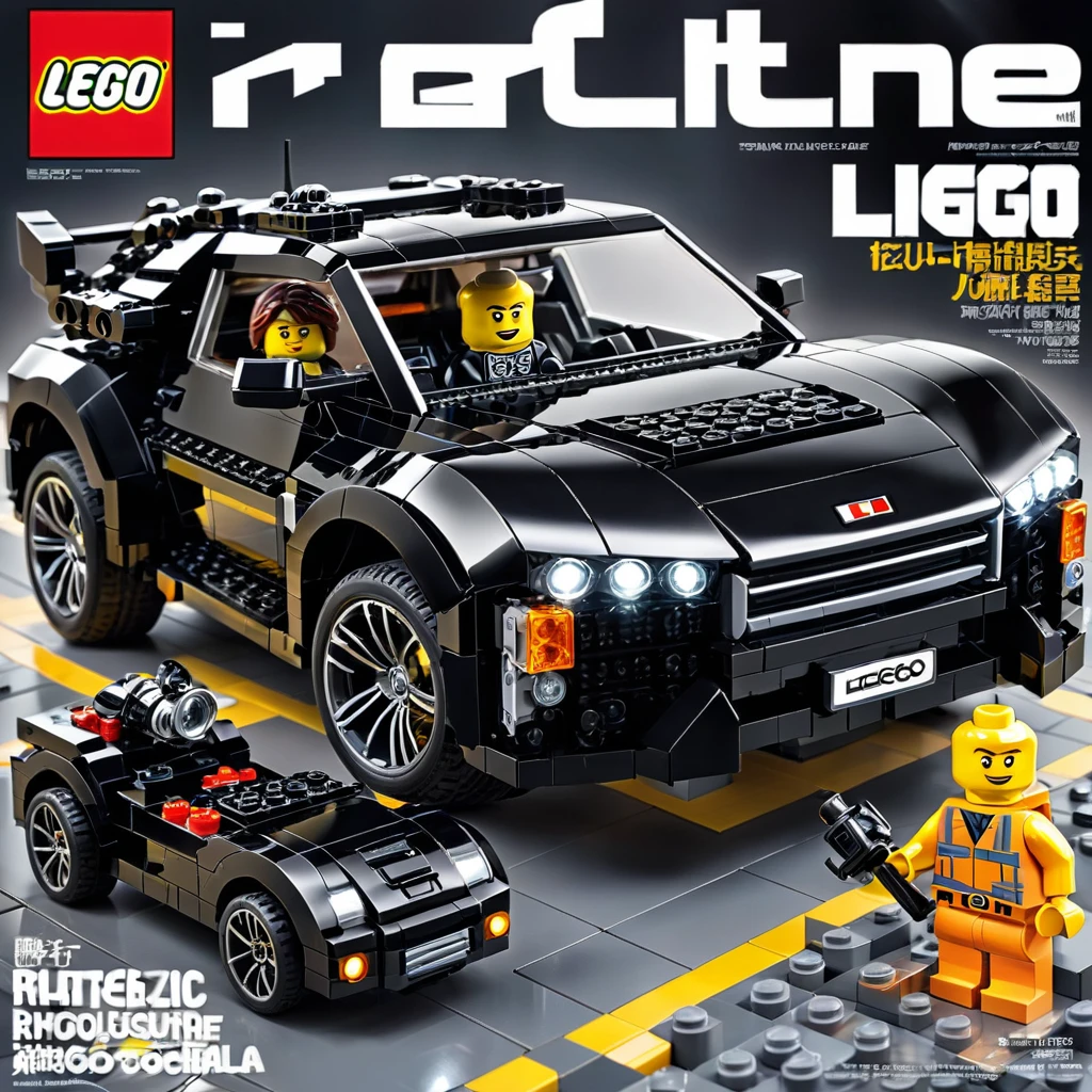 Magazine cover，best quality, very good, 16K, ridiculous, Very detailed, （（Black Future Car））Someone is taking pictures，Made of Lego,