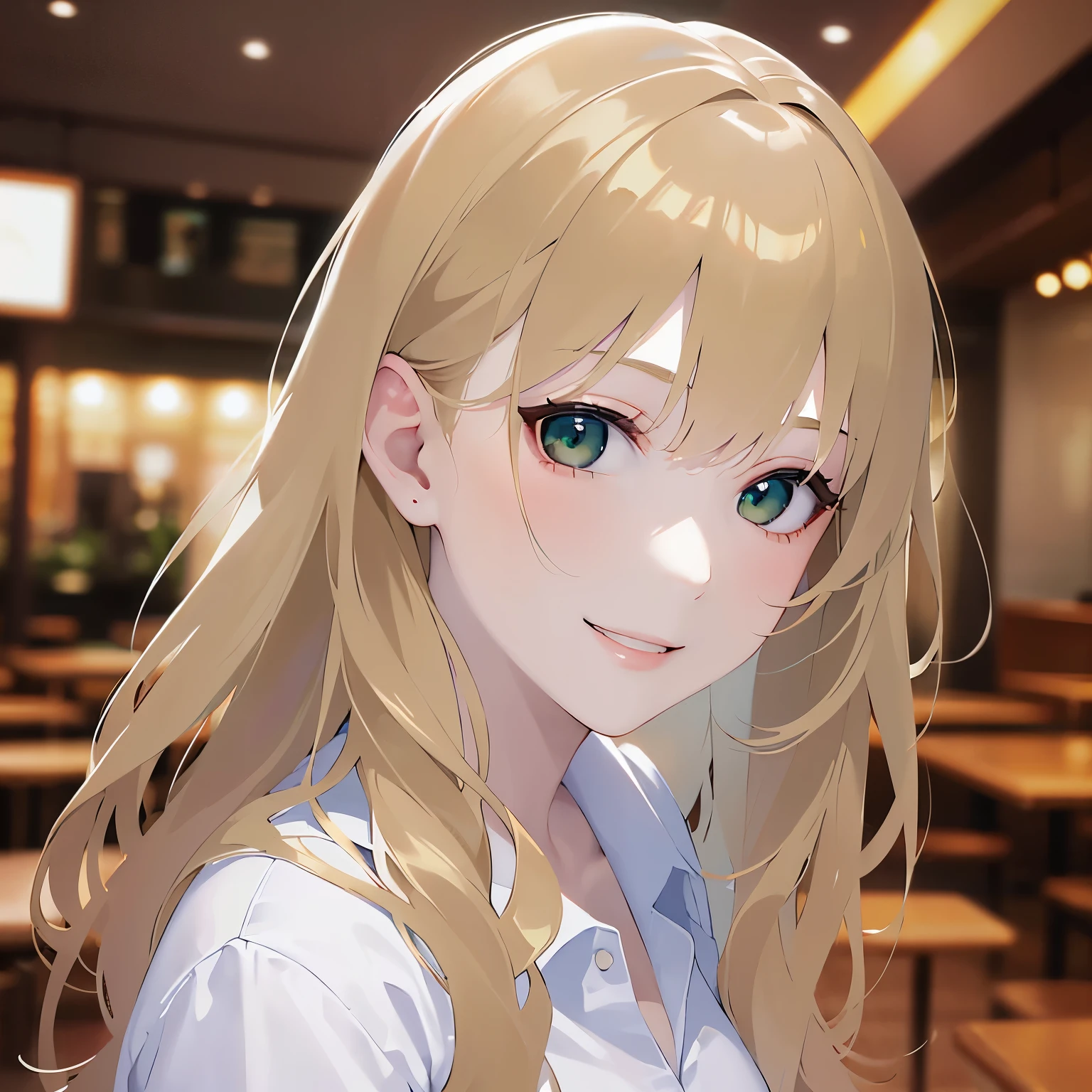 side angle、Shooting from below、Upper Body, Realistic, real person, (pale skin: 1.2), RAW photo, photorealistic, shiny skin, shiny hair、(A 25-year-old woman with medium-length hair and bangs) and (wavy hair) and (Blonde Hair) and (green eyes) , BREAK (white collared shirt) BREAK 、open mouth, (smile:1.5), The background is the interior of a restaurant at night.、Alone、Are standing