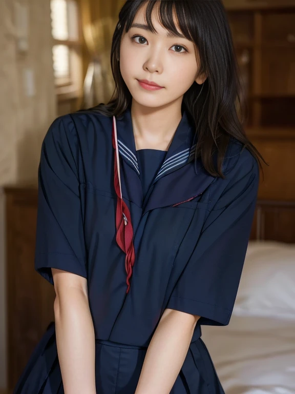 (Masterpiece, Best quality:1.4), (Ultra realistic, Photo-realistic:1.2), Natural light, 25 years old actress, Japanese women, Neat and clean, (Sailor suit, short sleeve suit:1.2), (Dark navy skirt:1.3), (Dark navy ribbon:1.2), (Short wavy hair:1.1), Ponytail, Light brown hair color, (Beautiful Face), Oval face, clear, (Beautiful eyes, Kind eyes), (Clear skin), Small face, (Small mouth), (Beautiful mouth), Natural makeup, Approachable, Luxury hotel Suite room, On bed, Seductive smile, (Seductive pose:1.2), (Beautiful thighs:1.1), (Bedroom eyes),