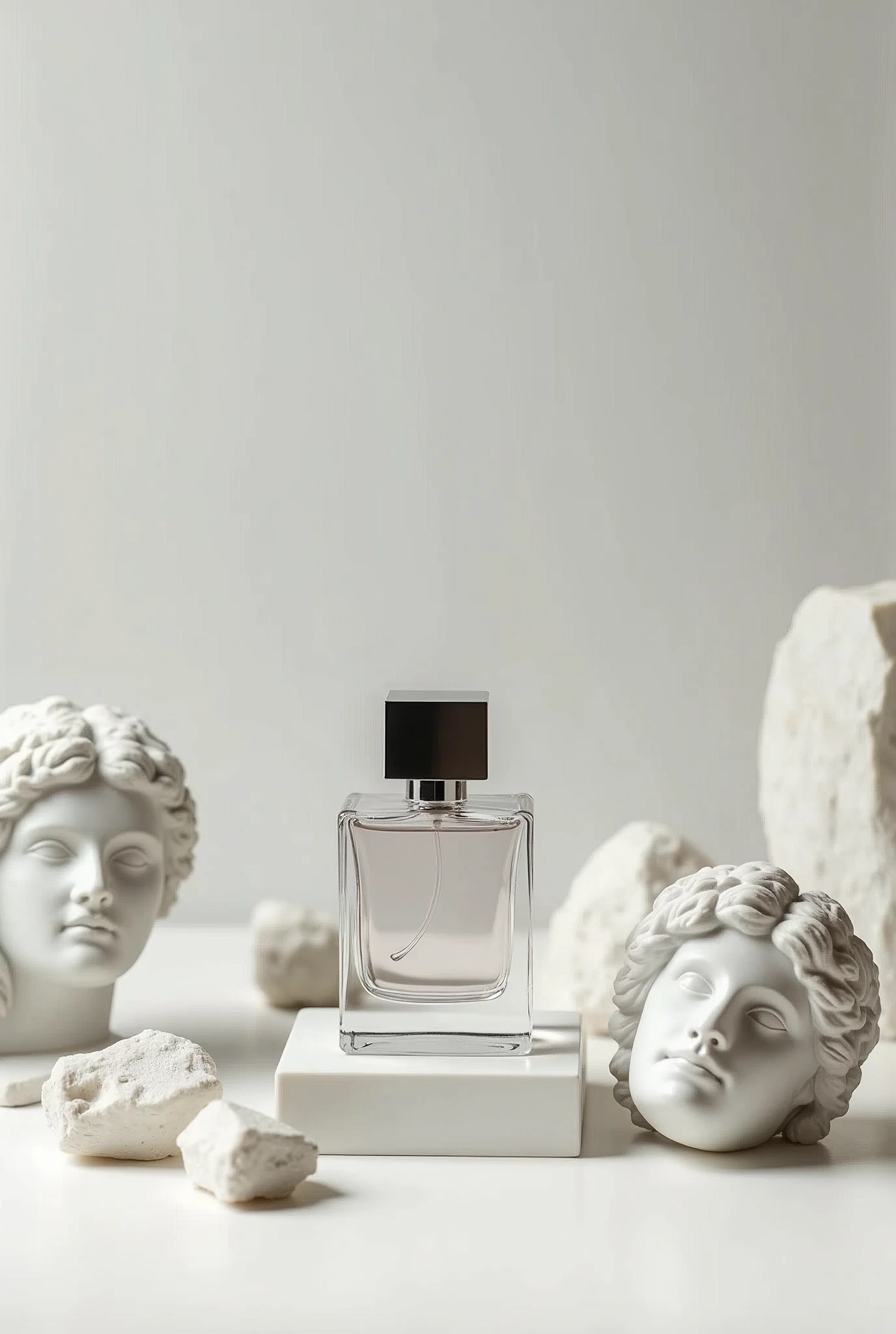 Product photography: a perfume bottle with a square silver cap on a white surface, surrounded by broken Greek statues and marble pieces. The image is monochromatic, with soft lighting and a white background, captured in a studio setting