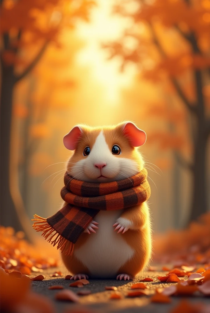 A guinea pig from behind with brown organ checkered scarf in front of an autumnal forest