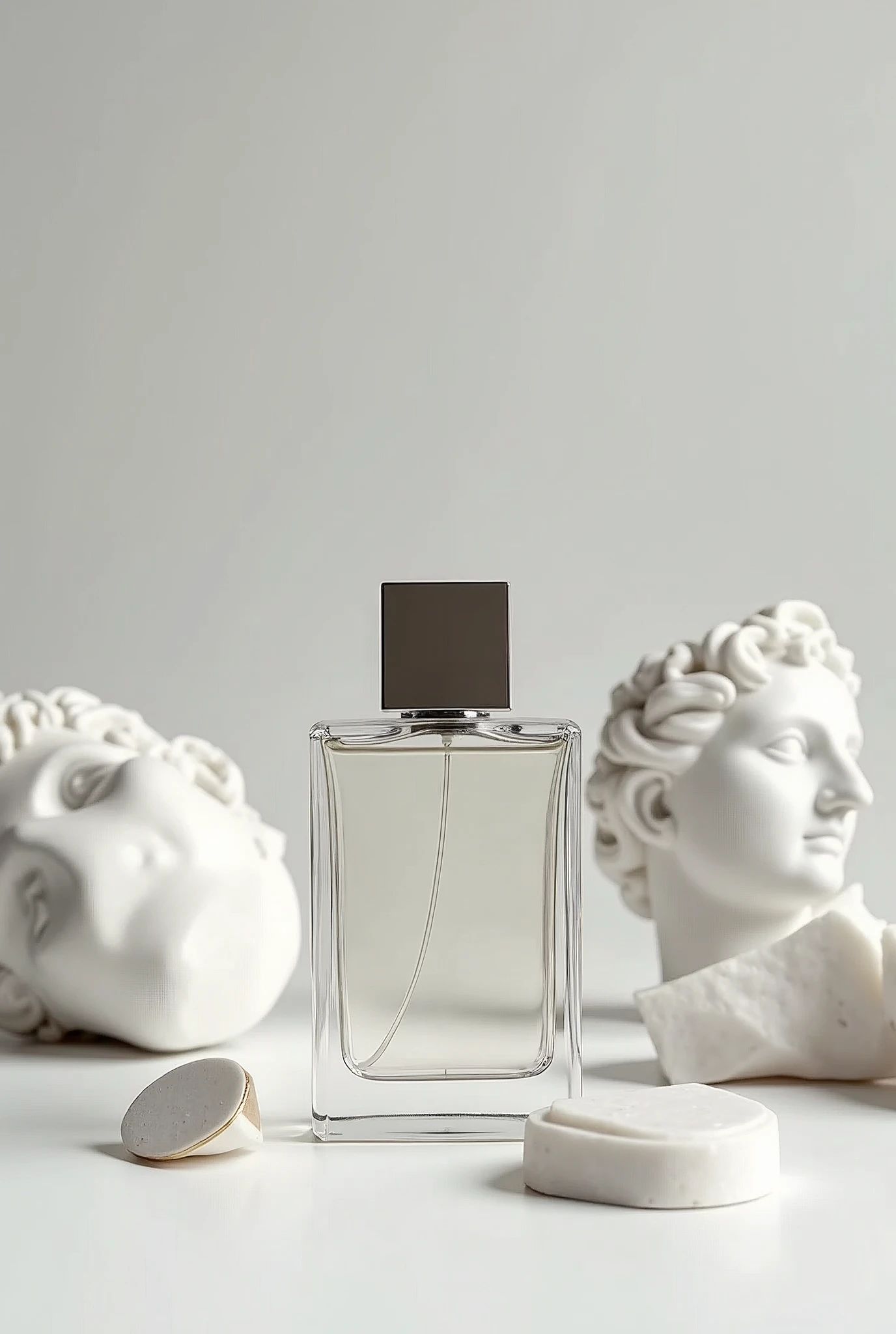 Product photography: a perfume bottle with a square silver cap on a white surface, surrounded by broken Greek statues and marble pieces. The image is monochromatic, with soft lighting and a white background, captured in a studio setting