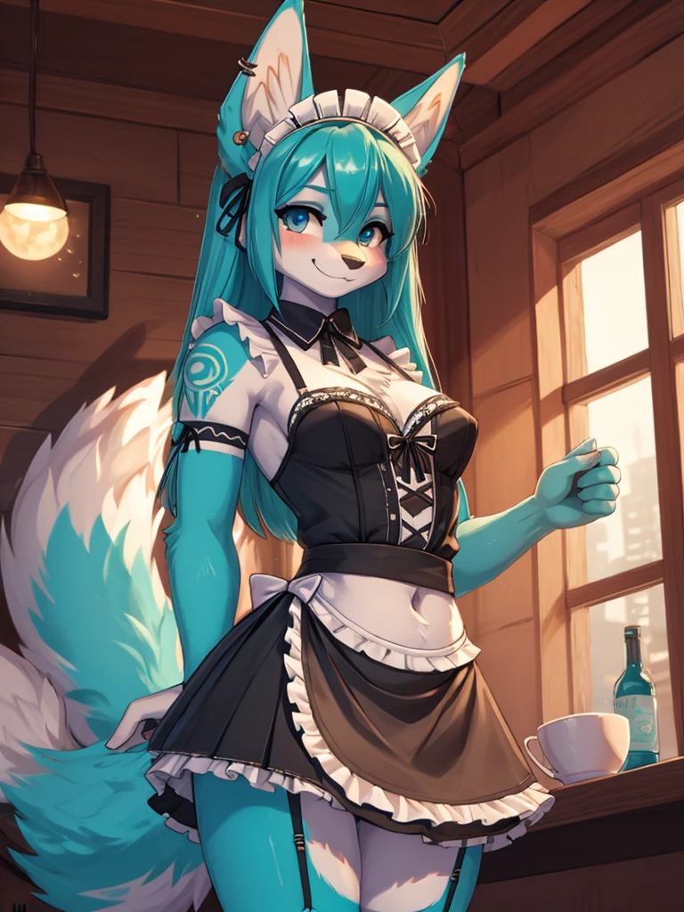Miku Hatsune, add high definition_detail:1, blue fur,kitsune ears, tribal tattoo add_detail:1, posing during a full moon showing off her beautiful figure and her outfit. (Maid lingerie, maid mini skirt)sweaty body add_details:1, smiling add_detailsl:1, ear piercing add_detail:1, in a coffeshop, chapetes sonrojada, shy girl